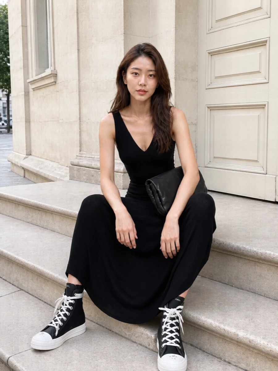 Rick owens black maxi dress drkshdw high tops