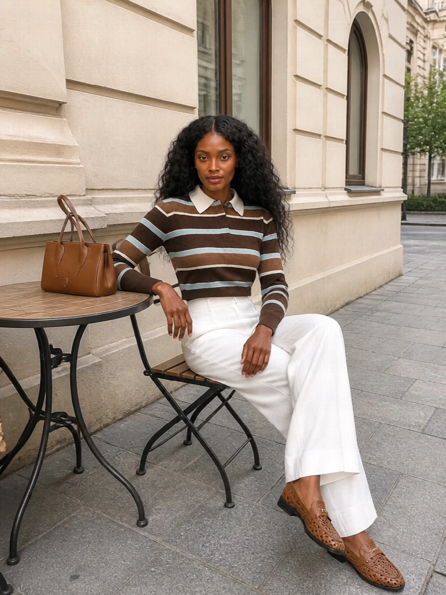 A cropped striped polo and soft-white wide-leg trouser create a fresh, preppy take on tailoring that feels right with woven cognac loafers. The high waist and fluid leg keep proportions long and relaxed while the caramel leather bag ties the neutrals together. Opting for separates rather than a dress lets the shoe read more collegiate and easy, perfect for city days that edge into dinner.