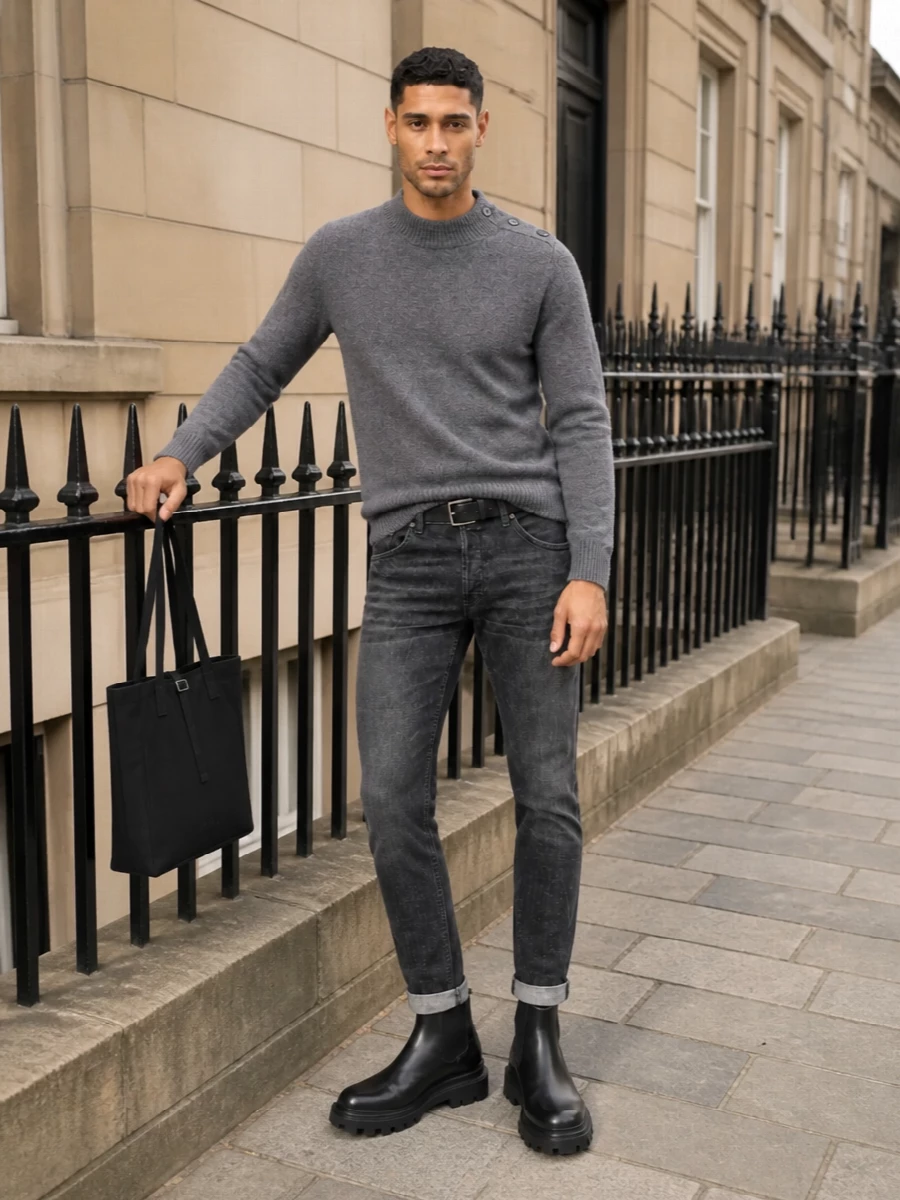Dondup grey jeans charcoal sweater chelsea boots