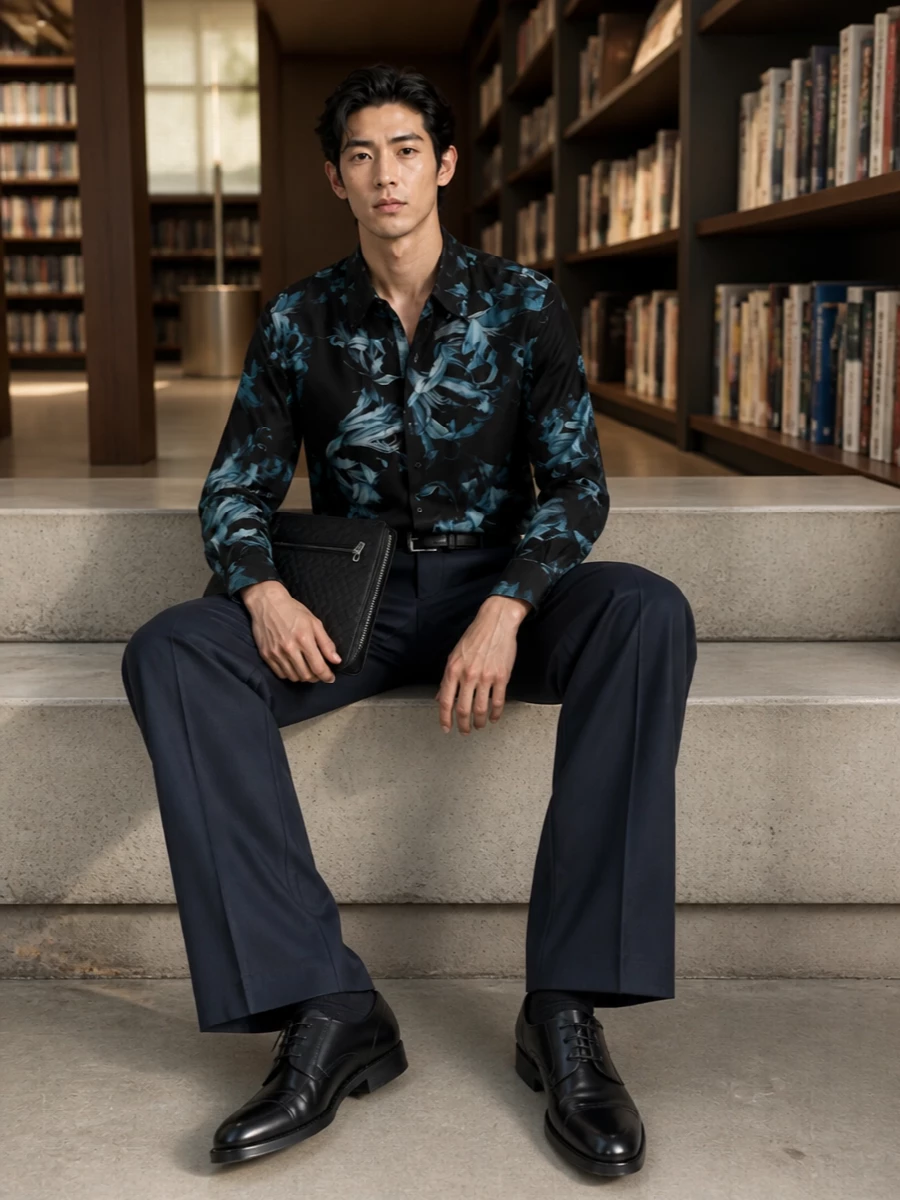 Dries van noten navy trousers floral shirt outfit
