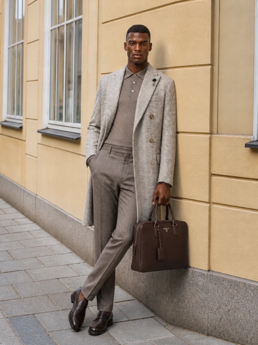 Lardini coat taupe trousers john lobb loafers