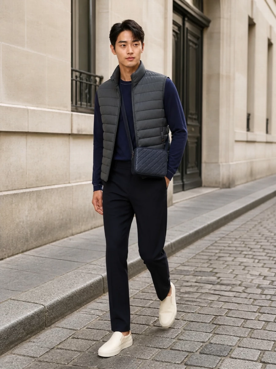 Moorer gilet navy trousers outfit men