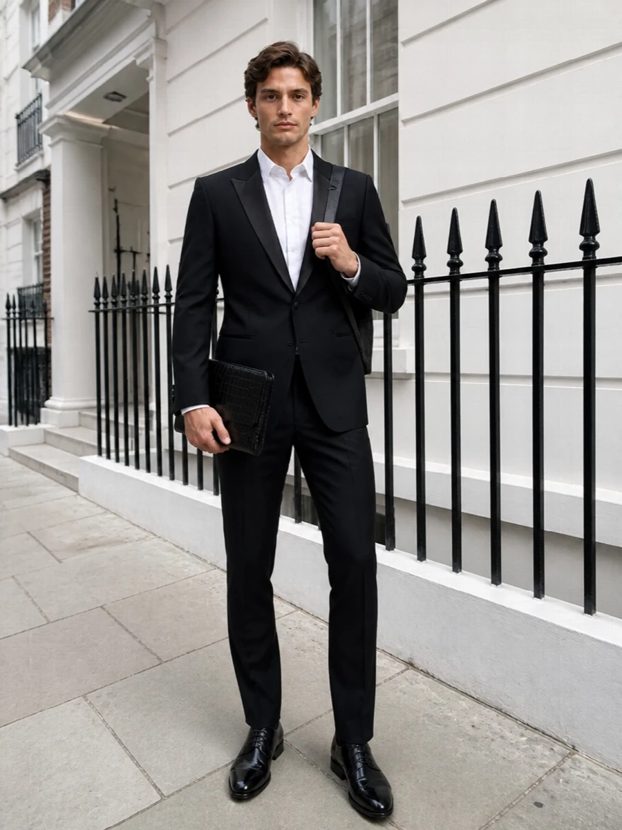 A razor-cut Tom Ford tuxedo paired with slim black Dolce&Gabbana trousers keeps the line sharp from shoulder to hem. Church’s high-shine cap-toe Oxfords and a discreet Tom Ford clutch complete a controlled, monochrome evening ensemble that reads confident and impeccably formal without a hint of excess. The result is pure black-tie precision with a modern, quietly luxurious edge.