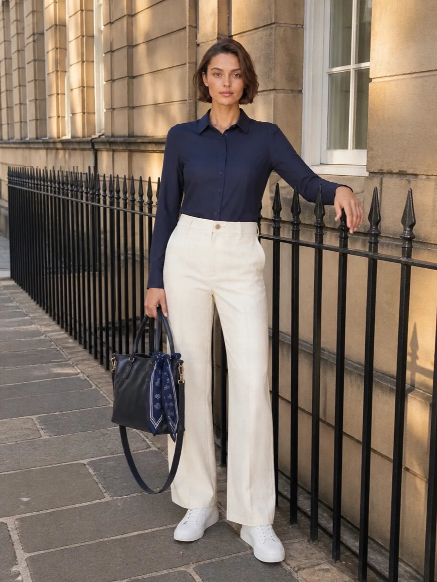 Tommy hilfiger navy shirt ivory trousers outfit