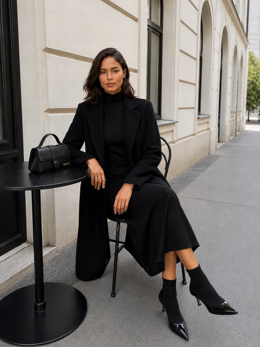I am building this around the dress rather than top and trouser, because a single dark column under this long tailored coat feels more focused and convincingly formal for night. The high‑neck black midi, sock‑fit kitten‑heel pumps and compact top‑handle bag work together in one continuous, sculpted line so the coat reads as a quiet frame rather than a competing layer. Head‑to‑toe black in mixed textures keeps it rich and modern without breaking the minimalist, Jacquemus tailoring story.