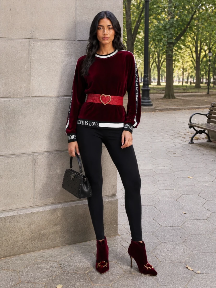 Dolce gabbana red velour sweatshirt black leggings