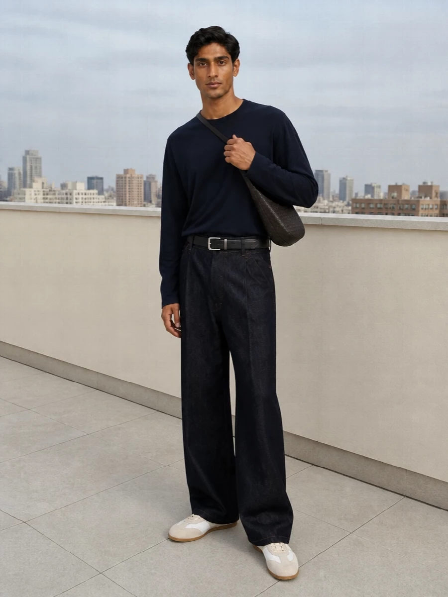 An inky navy long-sleeve is paired with high-rise wide-leg denim for a clean, column silhouette that feels relaxed but precise. Off white retro trainers keep the mood easy, while the deep brown crescent bag and navy belt introduce subtle structure and texture without breaking the quiet palette. The result is refined, roomy and discreetly directional for warm city days.