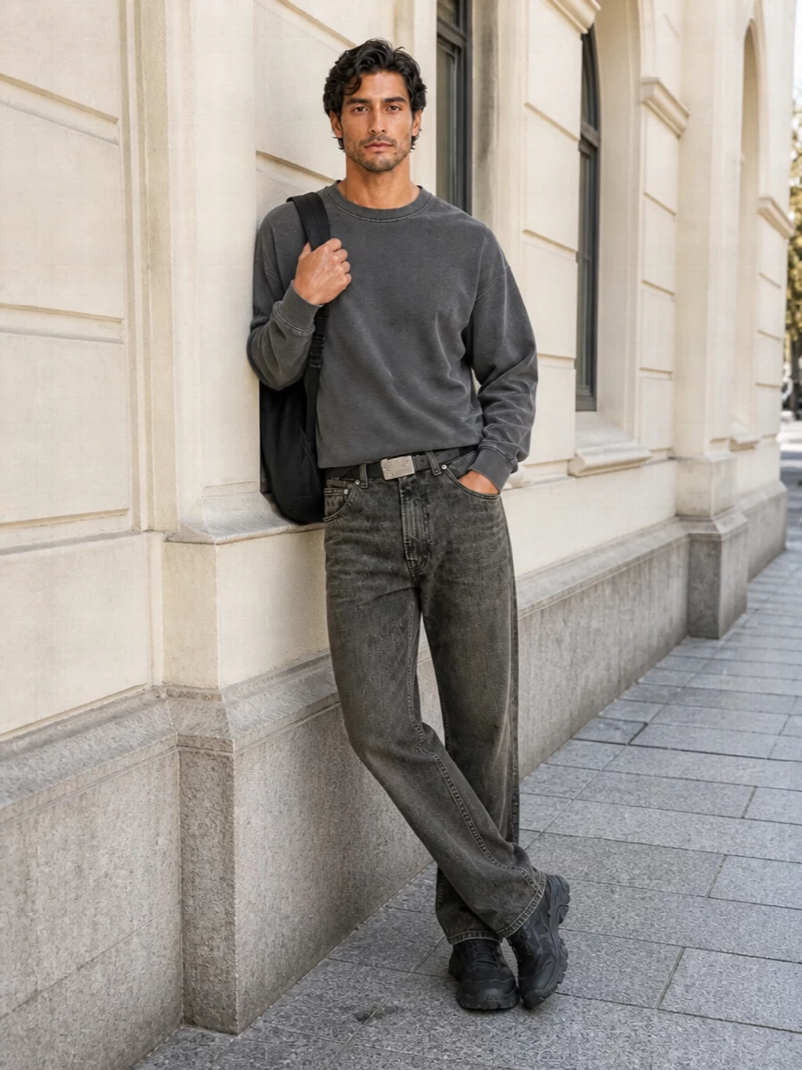 Our legacy washed jeans charcoal tee sneakers
