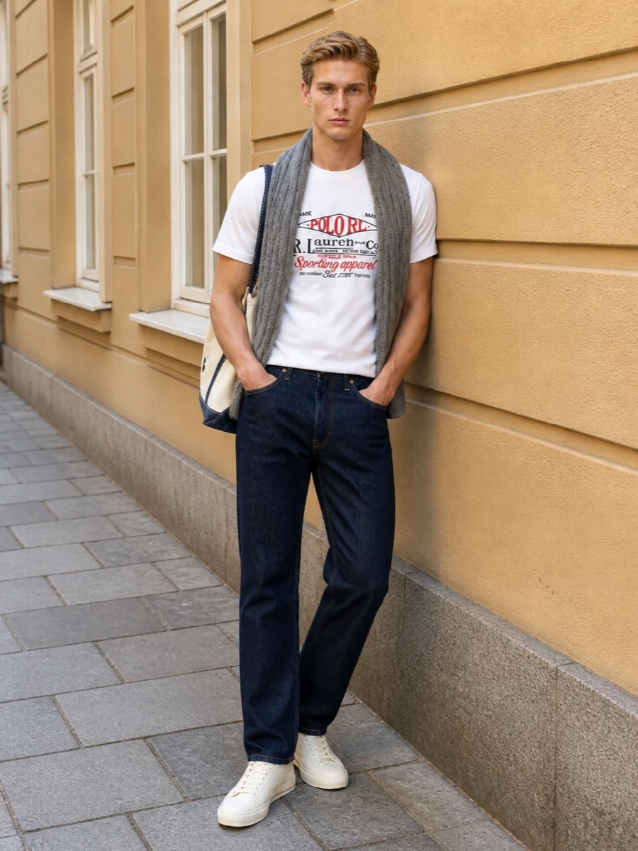 A graphic Polo tee pairs with dark indigo straight-leg denim for a clean, collegiate take on casual days. Off-white sneakers keep the palette soft and athletic, while an ecru-and-navy canvas tote brings an easy East Coast finish. A heather-grey cable scarf adds just enough winter texture without distracting from the tee’s print.