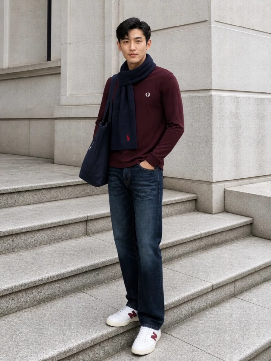 Fred perry burgundy polo dark jeans sneakers