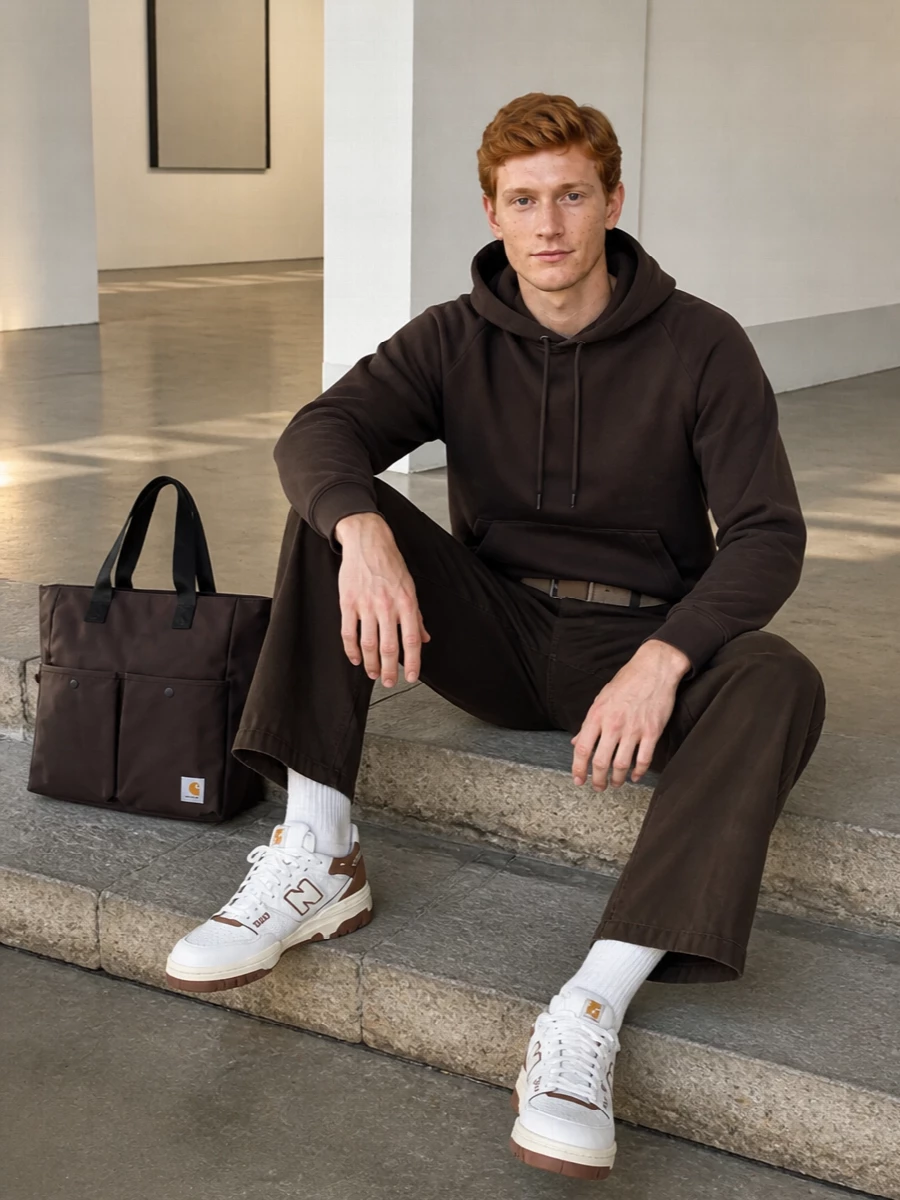 Cropped dark brown work pants pair with a matching Carhartt hoodie for a grounded, monochrome base that feels easy and relaxed. Off-white and cognac New Balance high-tops lift the palette and add a subtle retro edge. A dark brown utility tote and sand webbing belt finish the outfit with practical, low-key structure that suits city errands and off-duty days alike.