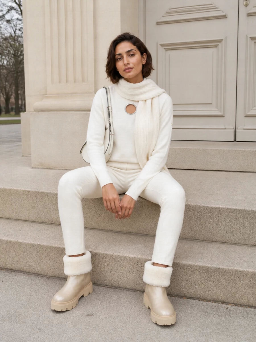 Moncler ski pants ivory knit shearling boots