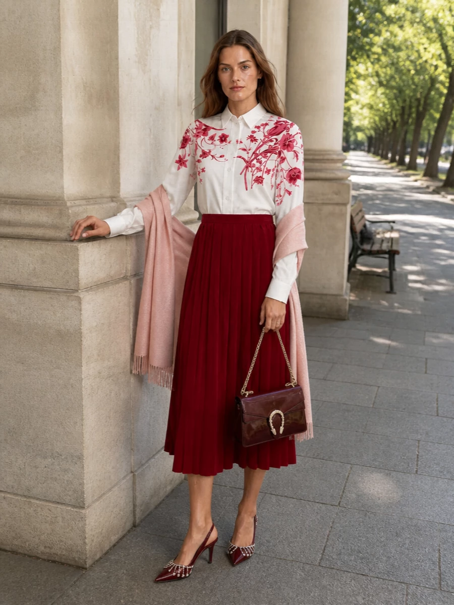 Gucci’s floral shirt is grounded by the deep-red pleated skirt, creating a romantic column of color that feels poised yet soft. Burgundy crystal slingbacks and a matching structured bag pull the red tones through every detail, while a blush stole adds a gentle, tonal haze around the shoulders. The result is gallery-to-dinner polish that reads feminine, tailored and quietly luxurious.