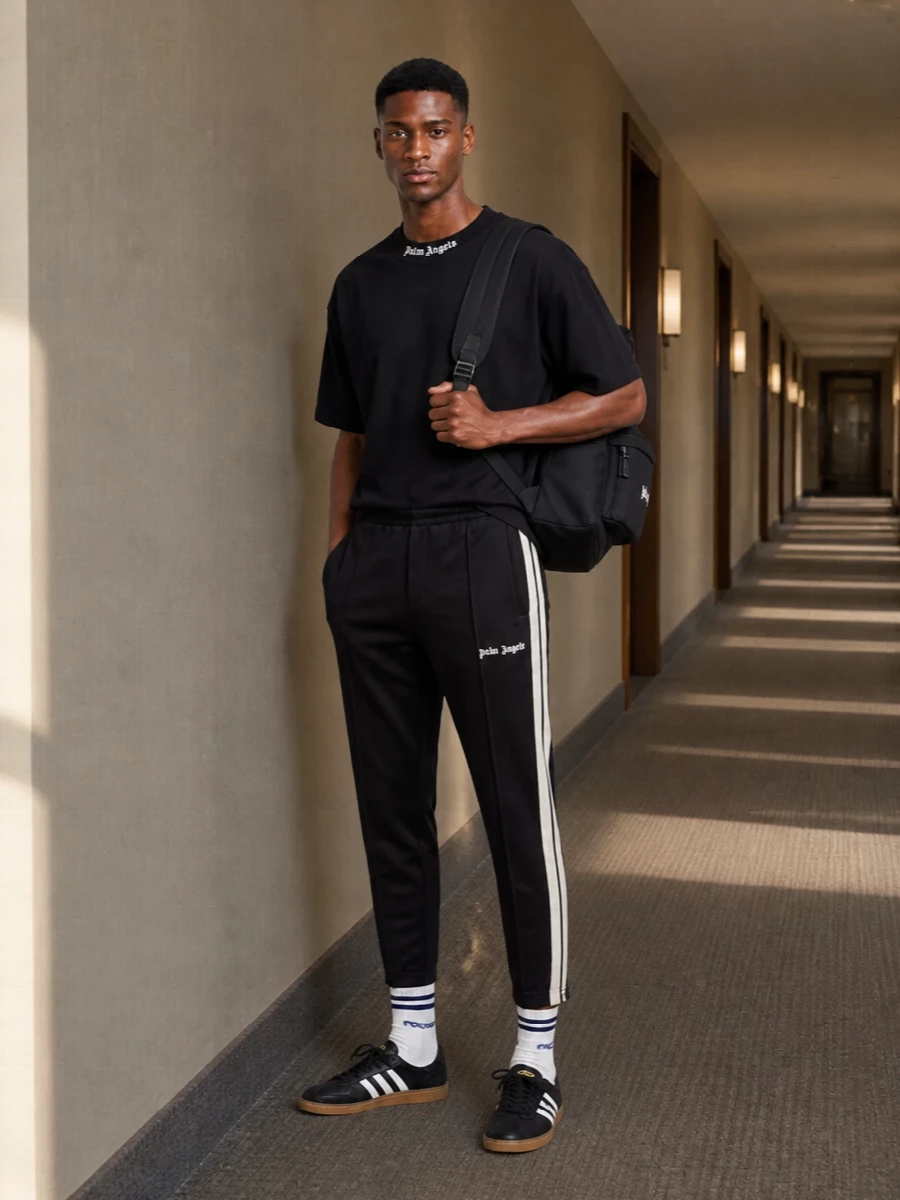 Palm angels track pants black tee adidas sneakers