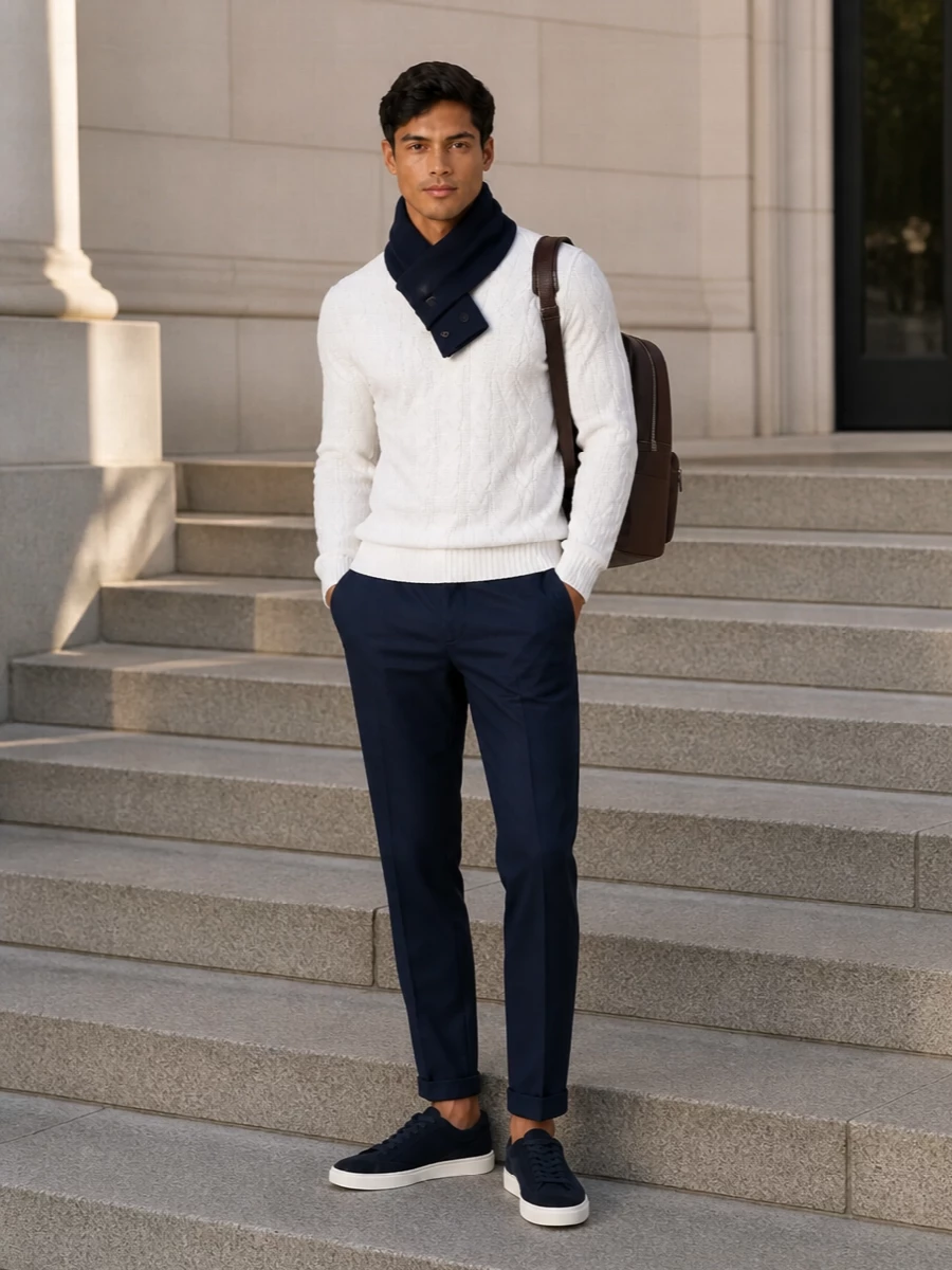 Paul and shark cable knit navy trousers outfit