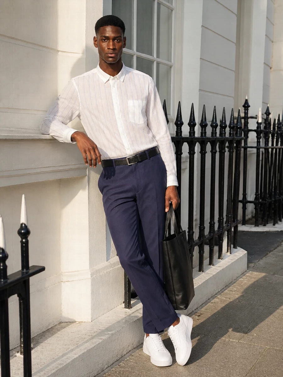 Ink navy tailoring meets soft, tonal stripes for a clean, design-led uniform that works from studio desk to late dinner. The crisp trouser and airy shirt keep the silhouette straight and precise, while white trainers and a structured tote relax the formality just enough for daily wear. A simple black belt finishes it with quiet structure rather than overt statement.