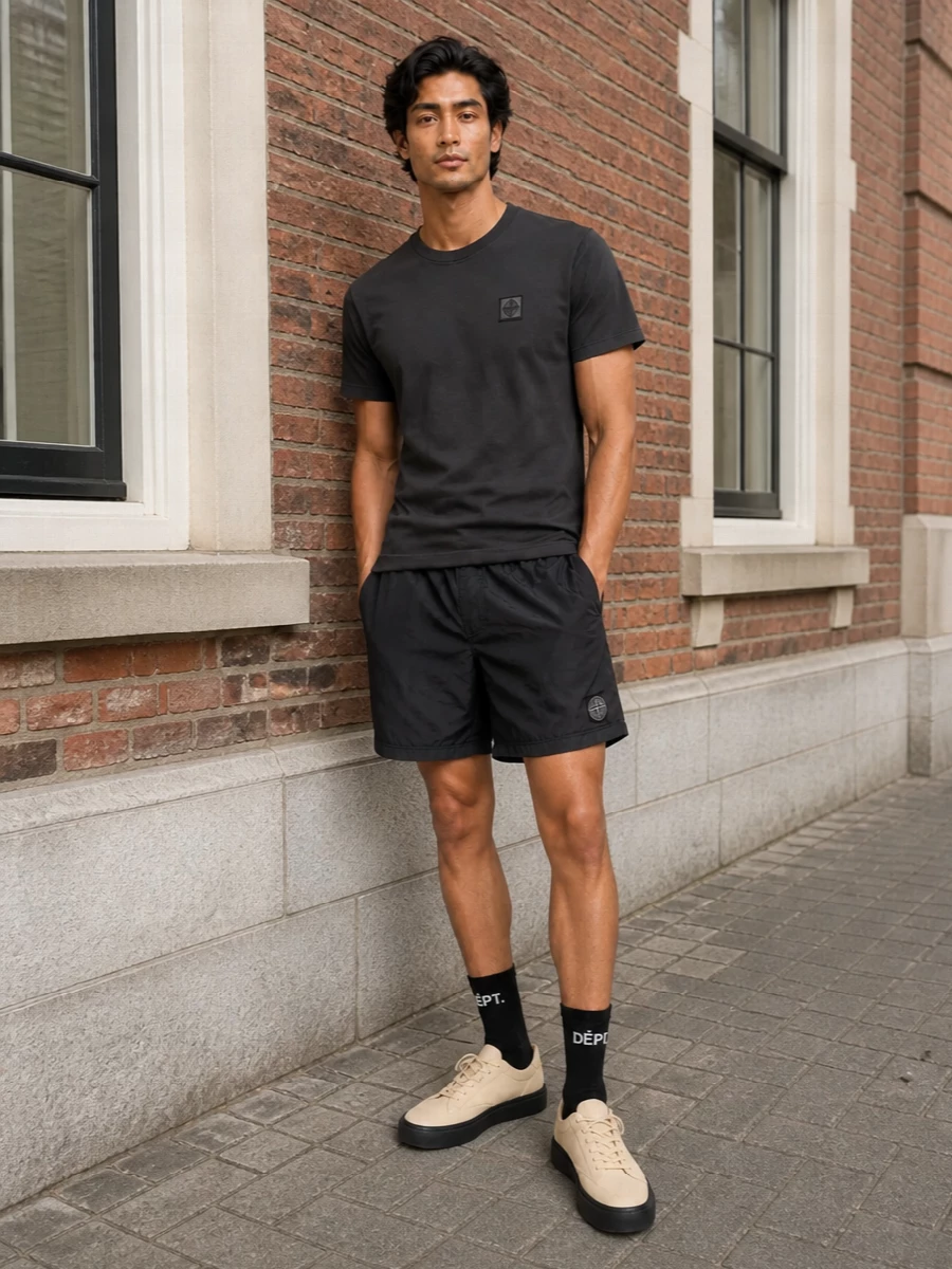 Stone island swim shorts technical sneakers outfit