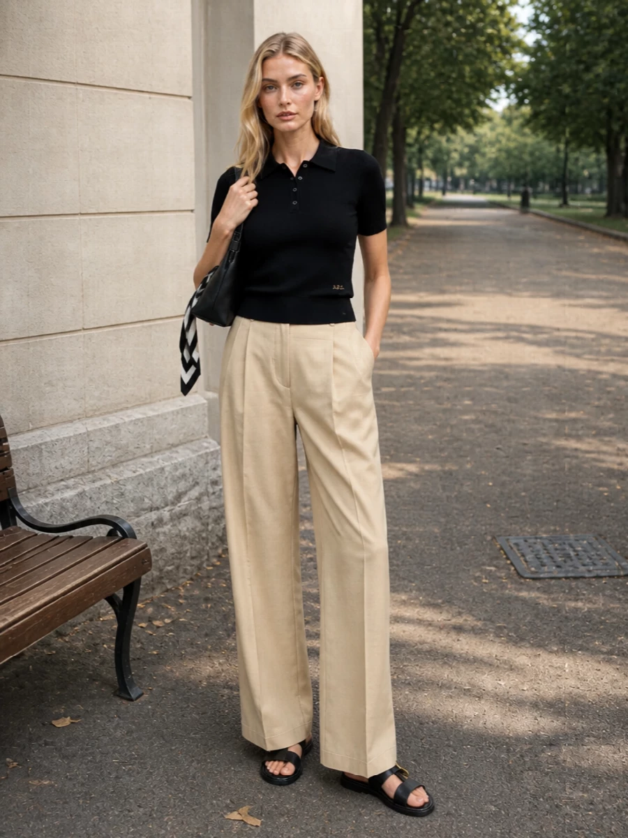 Apc black polo beige wide leg trousers outfit