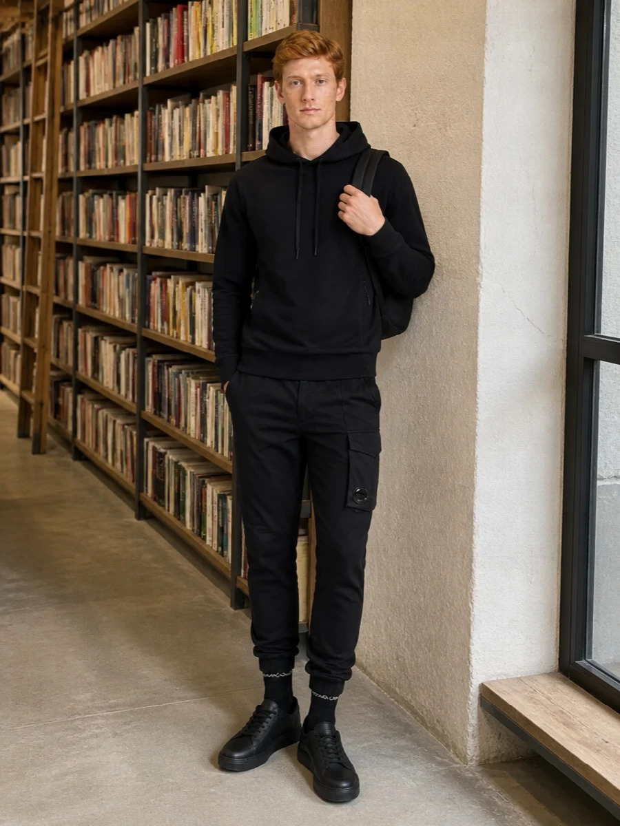 Cp company hoodie black cargo trousers hogan sneakers