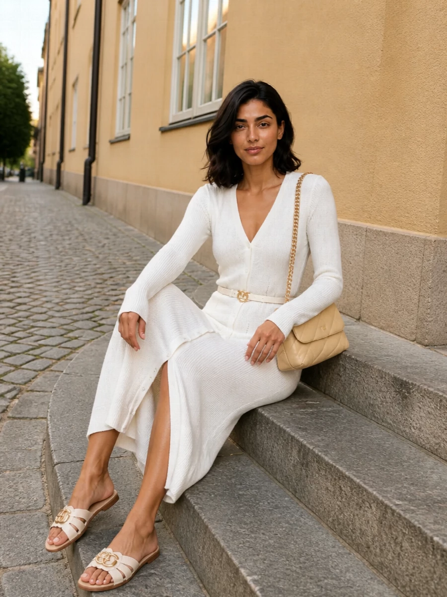 Pinko white ribbed maxi dress flat sandals outfit