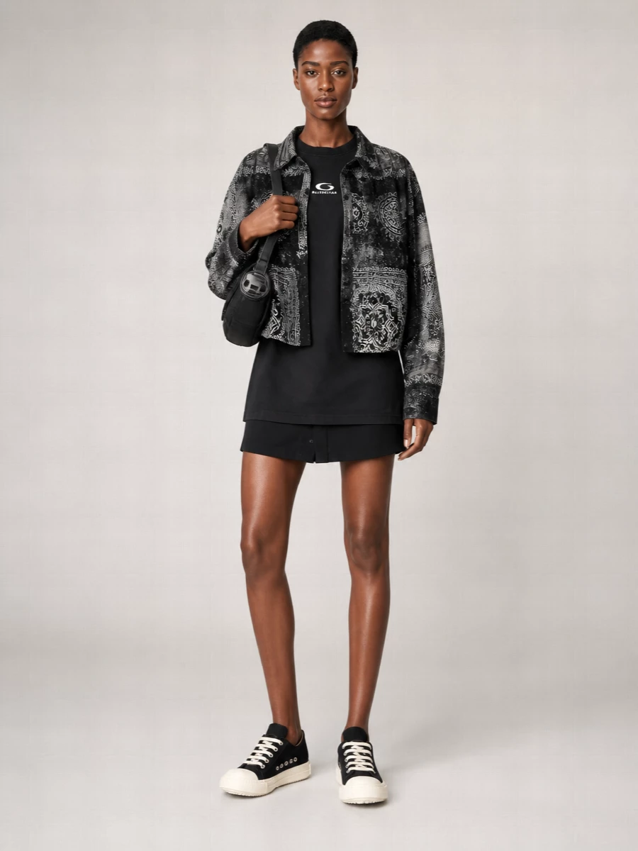 R13 Silk Printed Long-Sleeve Cropped Shirt