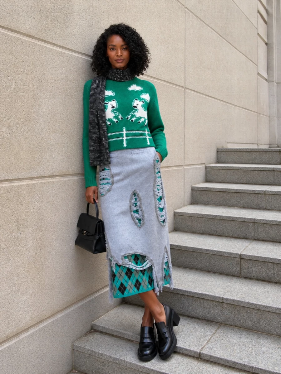 Moschino horse sweater argyle knit midi outfit