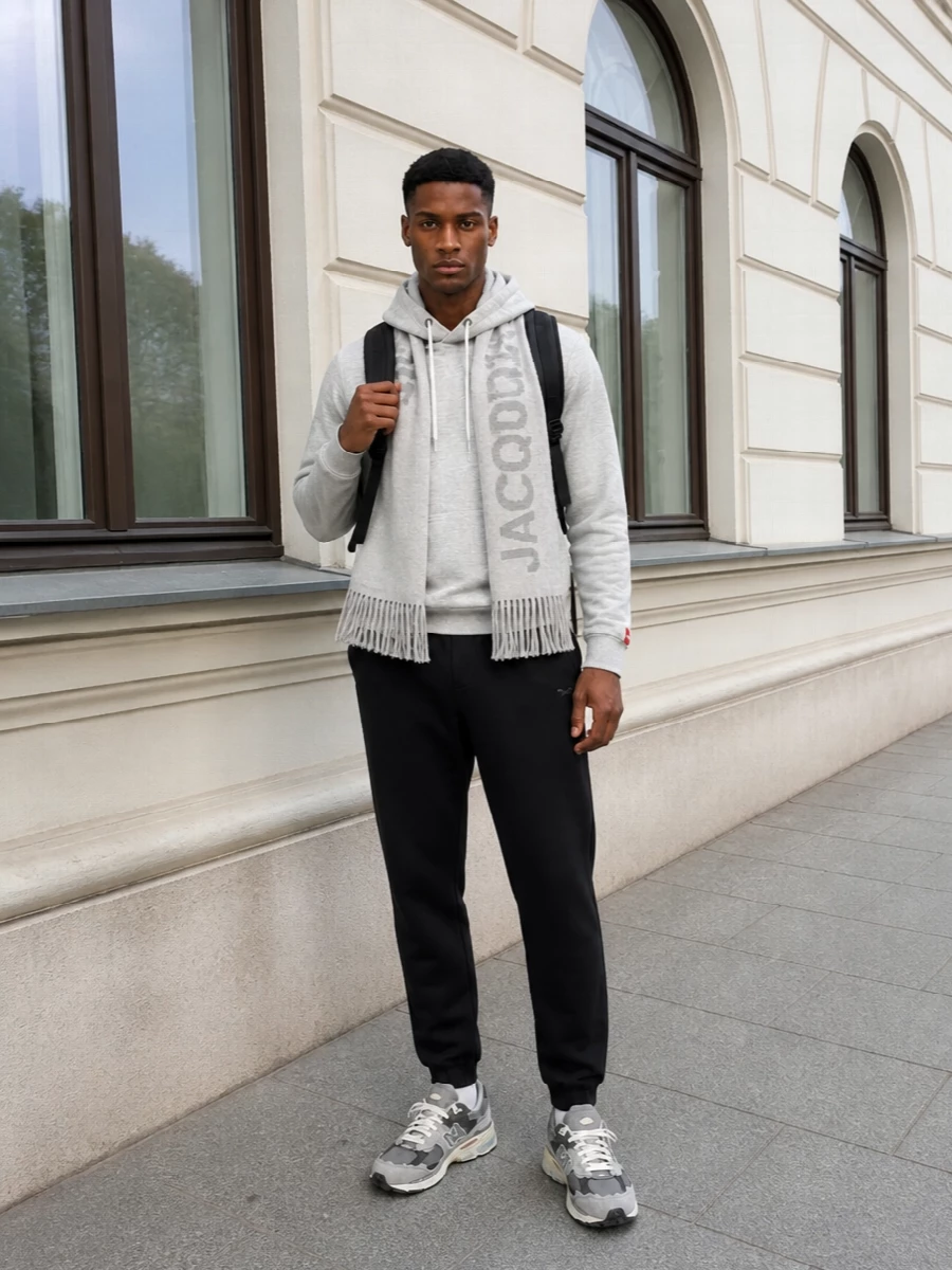 Light heather grey up top and black on the bottom create a simple, graphic base that feels quietly sporty rather than gym-bound. Chunky grey runners and a boxy technical backpack keep everything grounded in a clean, monochrome street mood. The pale scarf softens the edge, pulling the greys together without disturbing the minimal attitude.