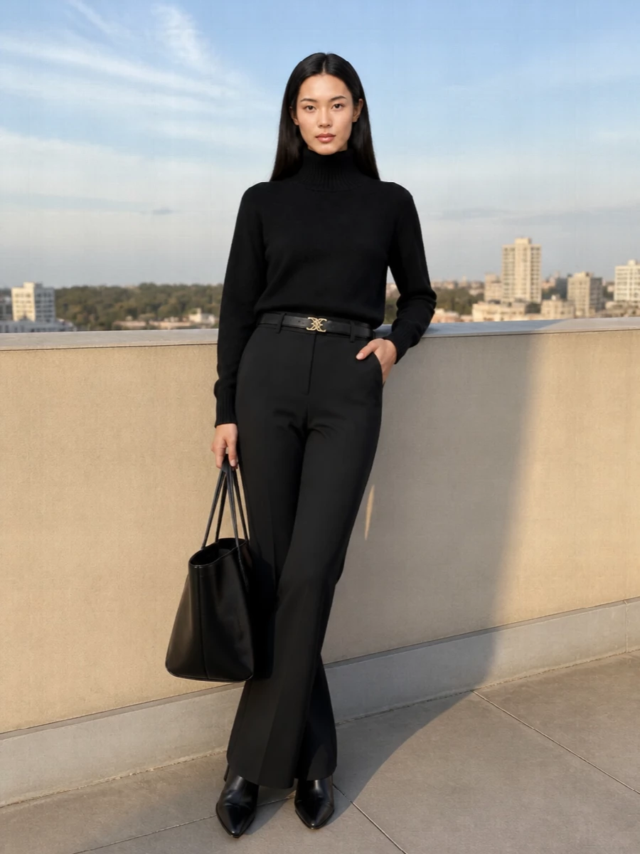 The row black flared trousers turtleneck outfit