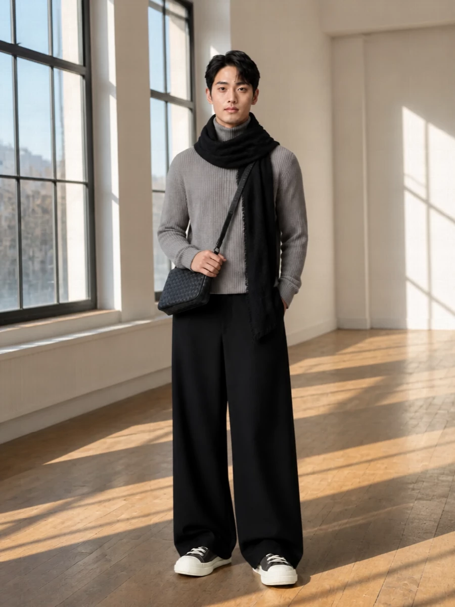 Rick owens greige turtleneck black wide leg trousers