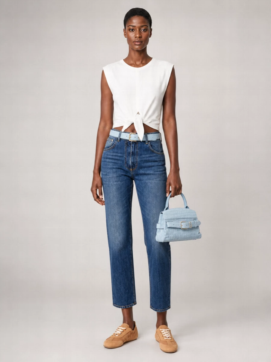 A cropped white tie-front top and softly faded straight-leg jeans create a clean, easy base with just enough structure for city days. Tan sneakers keep it grounded and relaxed, while a powder-blue top-handle bag and matching belt add a light, tailored hit of color. The result feels polished but unfussy, ideal from coffee runs to casual meetings.