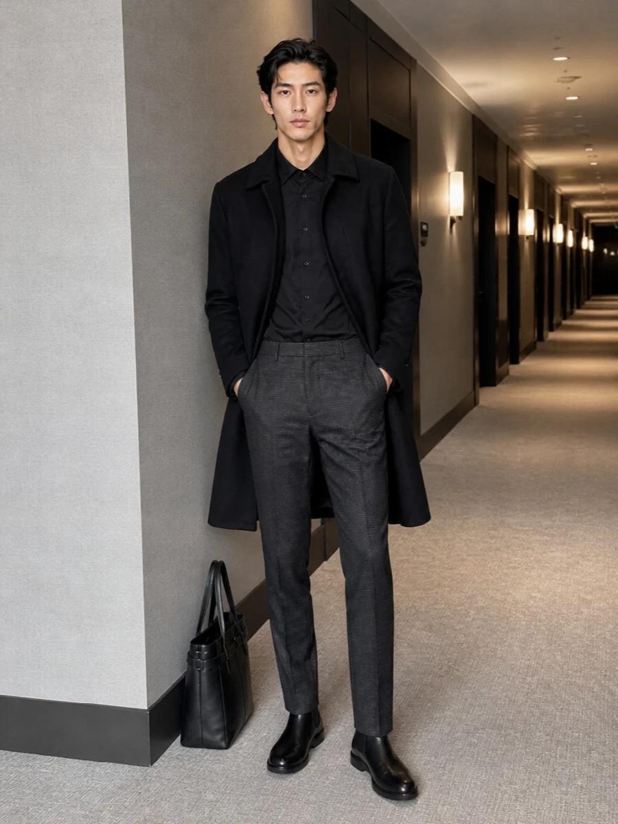 Prada black coat chelsea boots outfit