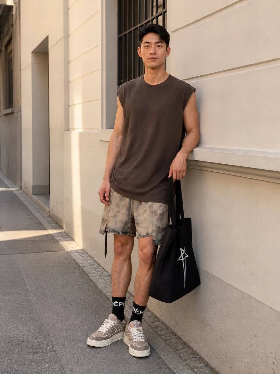 Rick owens taupe sleeveless cargo shorts outfit