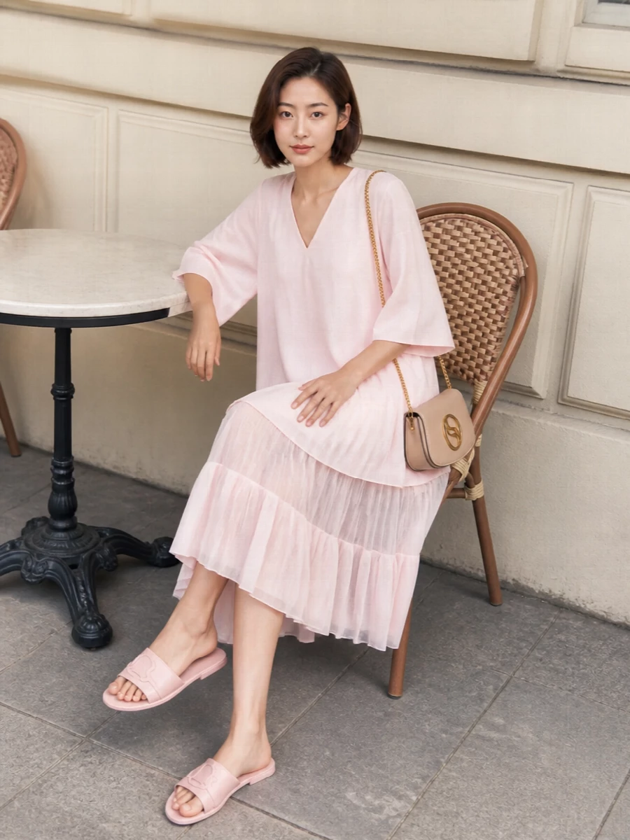 Moncler slides jacquemus blush midi dress outfit