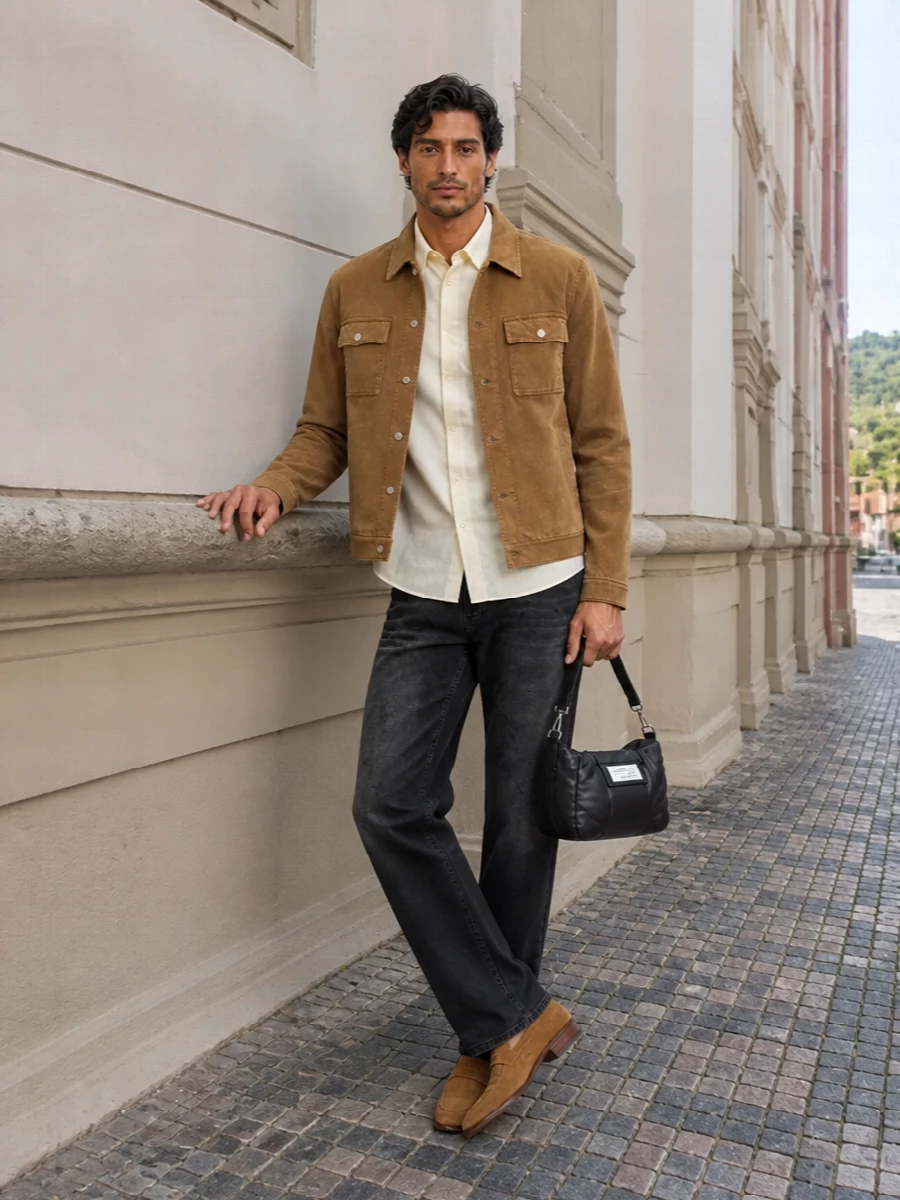 Mm6 camel shirt jacket ivory shirt black jeans