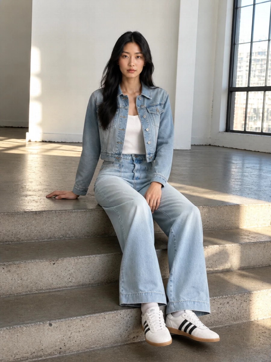 Victoria beckham denim jacket wide leg jeans outfit