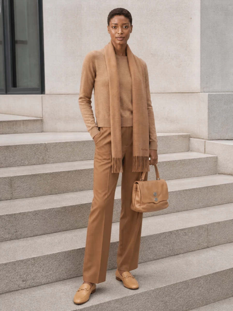 Max mara camel trousers ferragamo loafers outfit