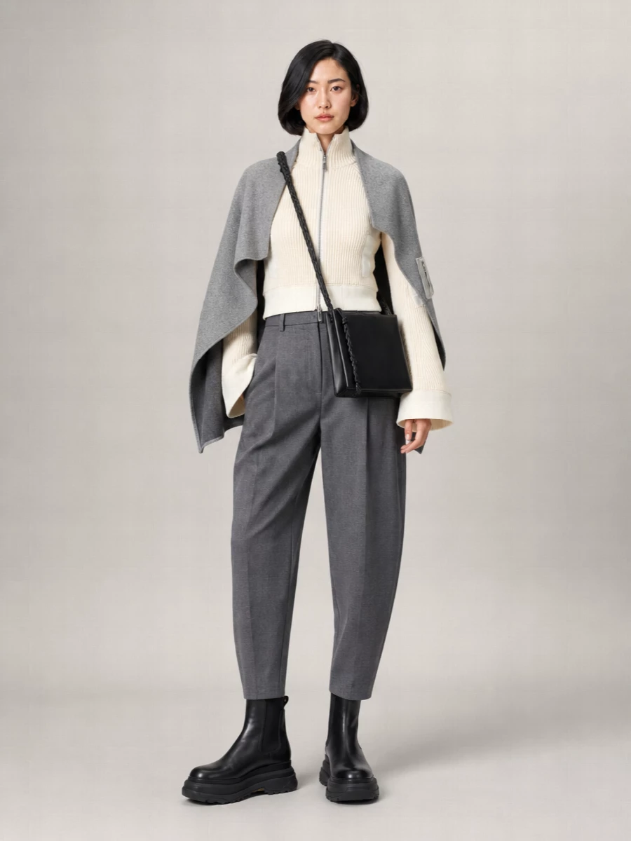 Sacai Wool Ribbed Cropped Funnel-Neck Bell-Sleeve Jumper