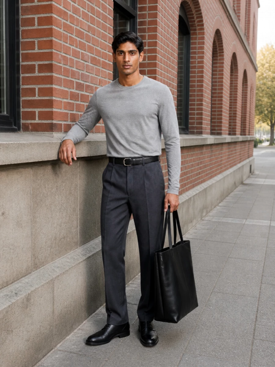 Jil sander grey tee charcoal trouser outfit