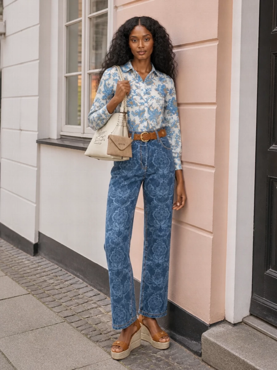 Etro floral shirt jacquard jeans wedges outfit