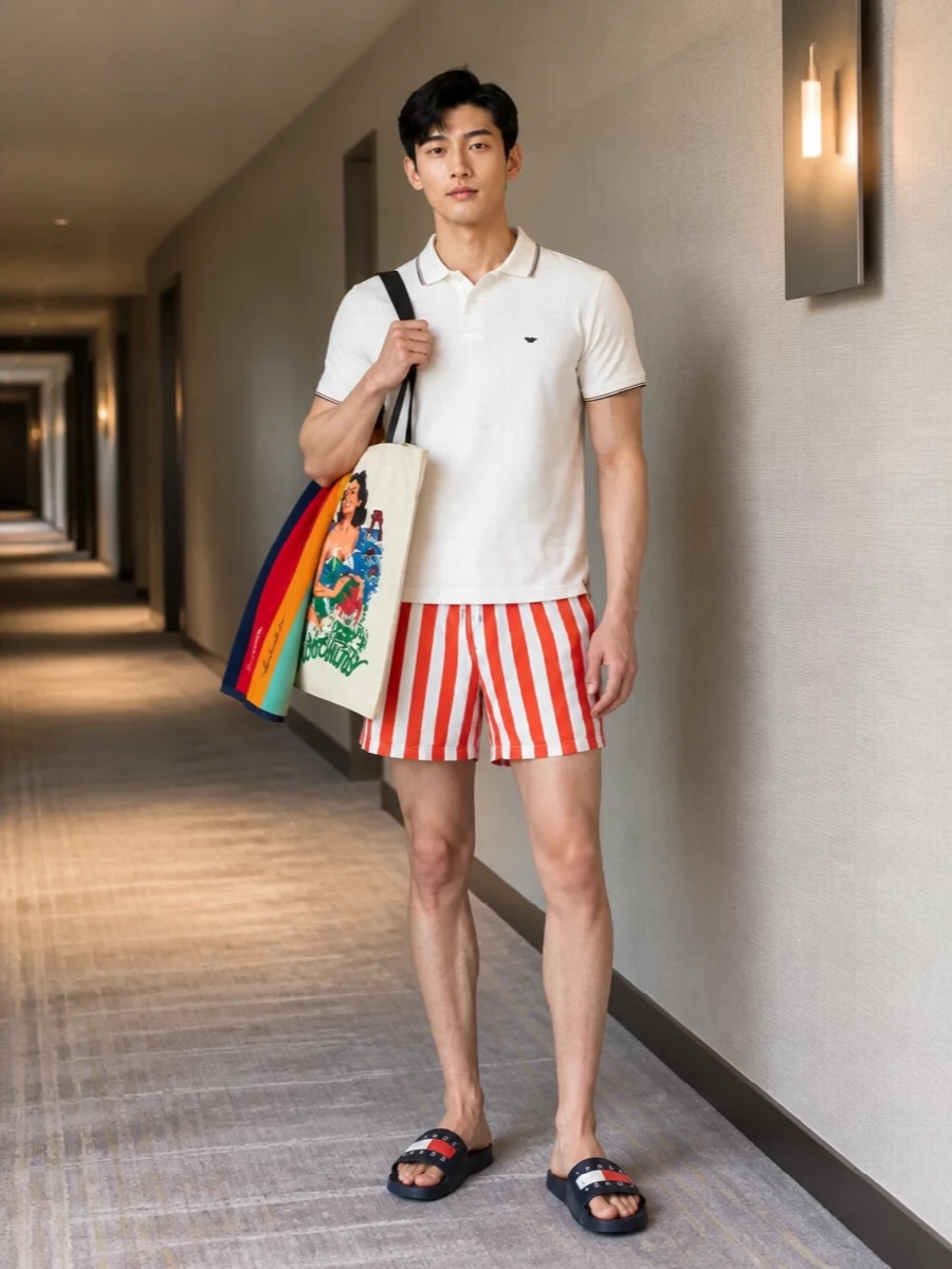 Emporio armani swim shorts polo slides outfit