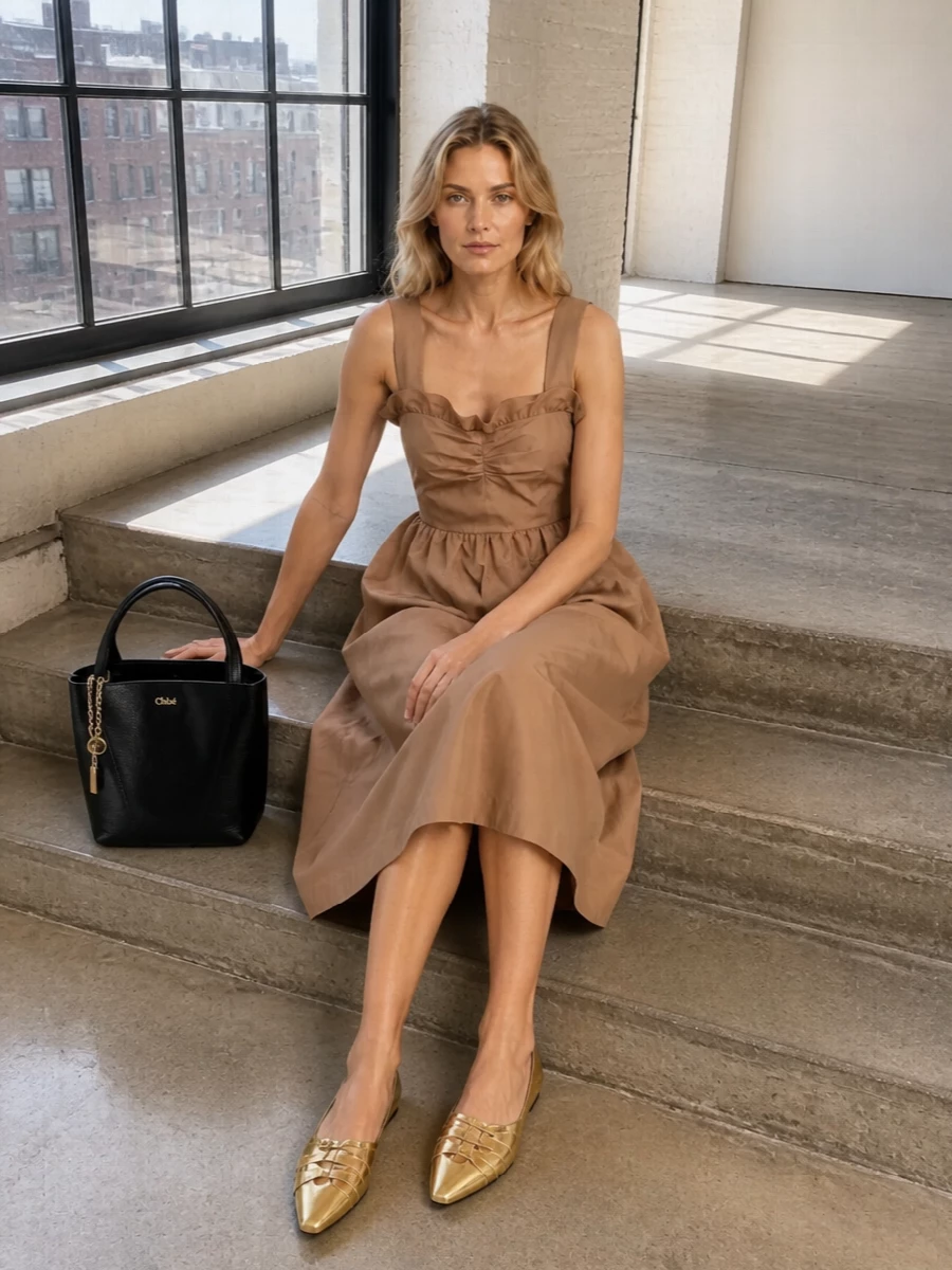 This pairing leans into warm camel and black with gold accents, letting the Chloé bucket stay quietly prominent against a clean, ruched midi dress. The silhouette is long and close through the body with soft volume in the skirt, kept grounded by flat, jewelry-like ballerinas for an unfussy take on summer cocktail dressing. I chose the dress path over separates to maintain a single, continuous line that highlights the bag’s structured shape and keeps the whole outfit calm and minimal.