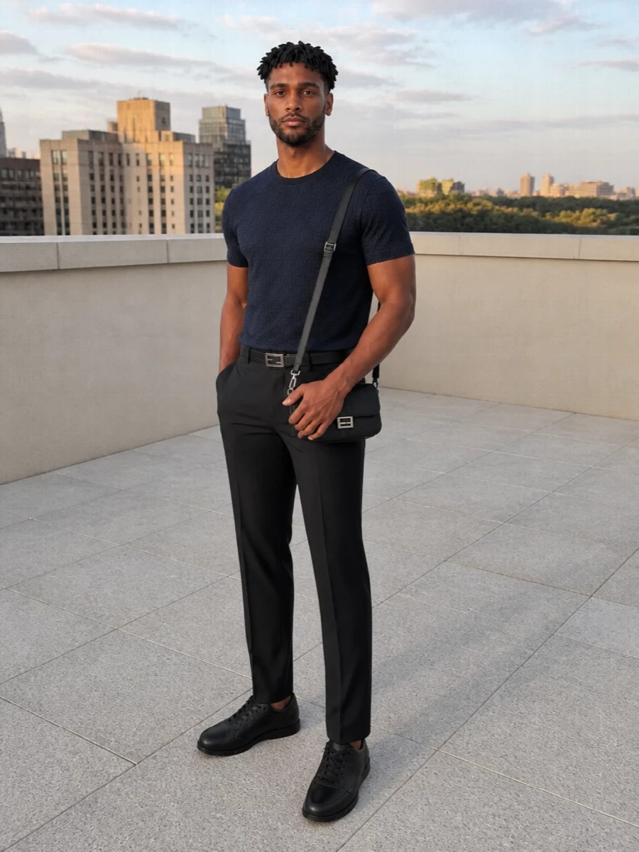 Fendi navy tee charcoal trousers outfit