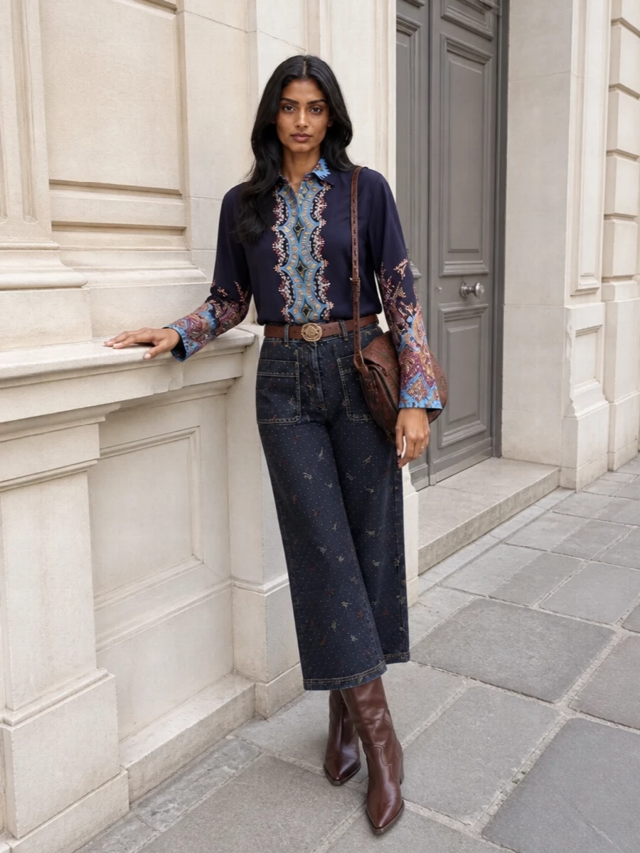 Etro paisley shirt wide leg floral jeans outfit