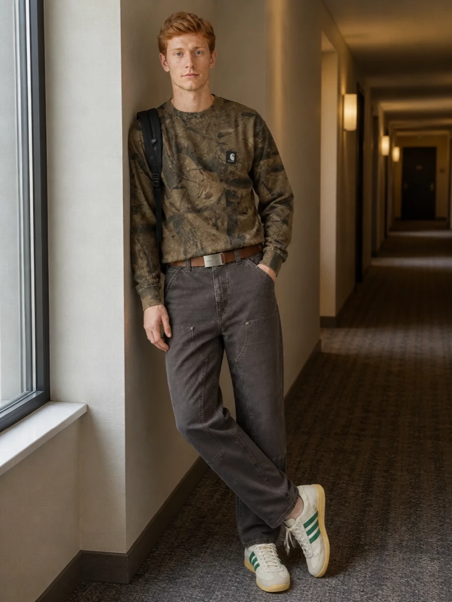 Carhartt camo sweatshirt work pants adidas sneakers