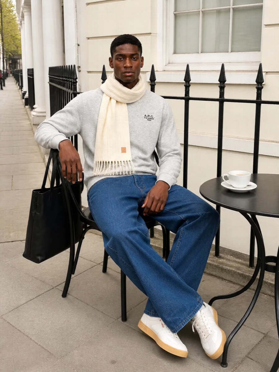 Apc wide leg jeans grey sweatshirt sneakers