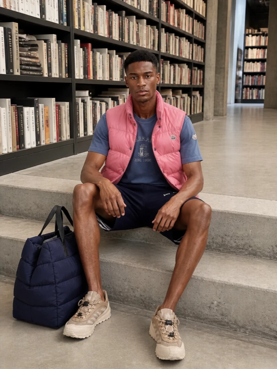 Moncler pink gilet navy shorts sneakers outfit