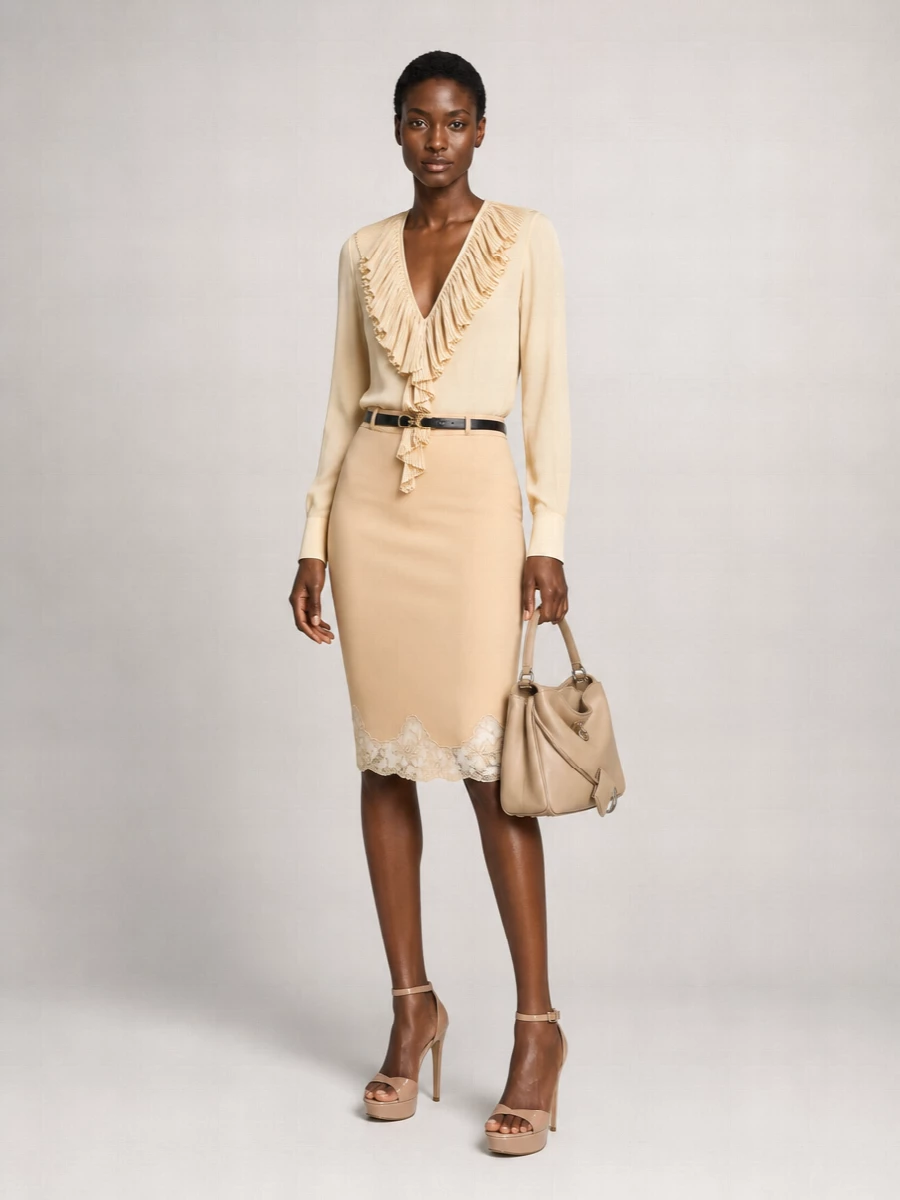 Saint Laurent Silk Lace-Hem Pencil Skirt