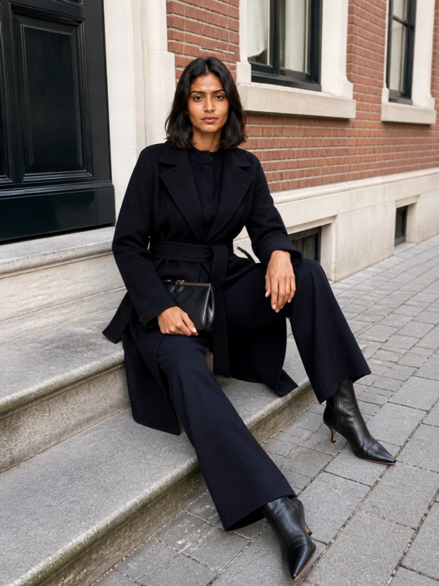 Max mara navy coat wide leg trousers outfit