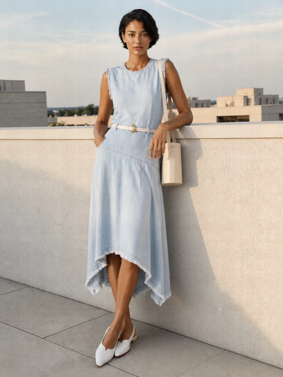 A light-wash Acne Studios denim dress stays soft and graphic, cinched with a slim white belt to give just enough structure to the asymmetric hem. White slingback flats keep it grounded and easy for all-day city wear, while a buttercream Coperni bucket bag adds a quiet, sculptural counterpoint to the raw frayed edges and pale blue palette. The result is clean, directional denim that feels airy rather than rugged, ideal for warm days when you want ease with a considered edge.
