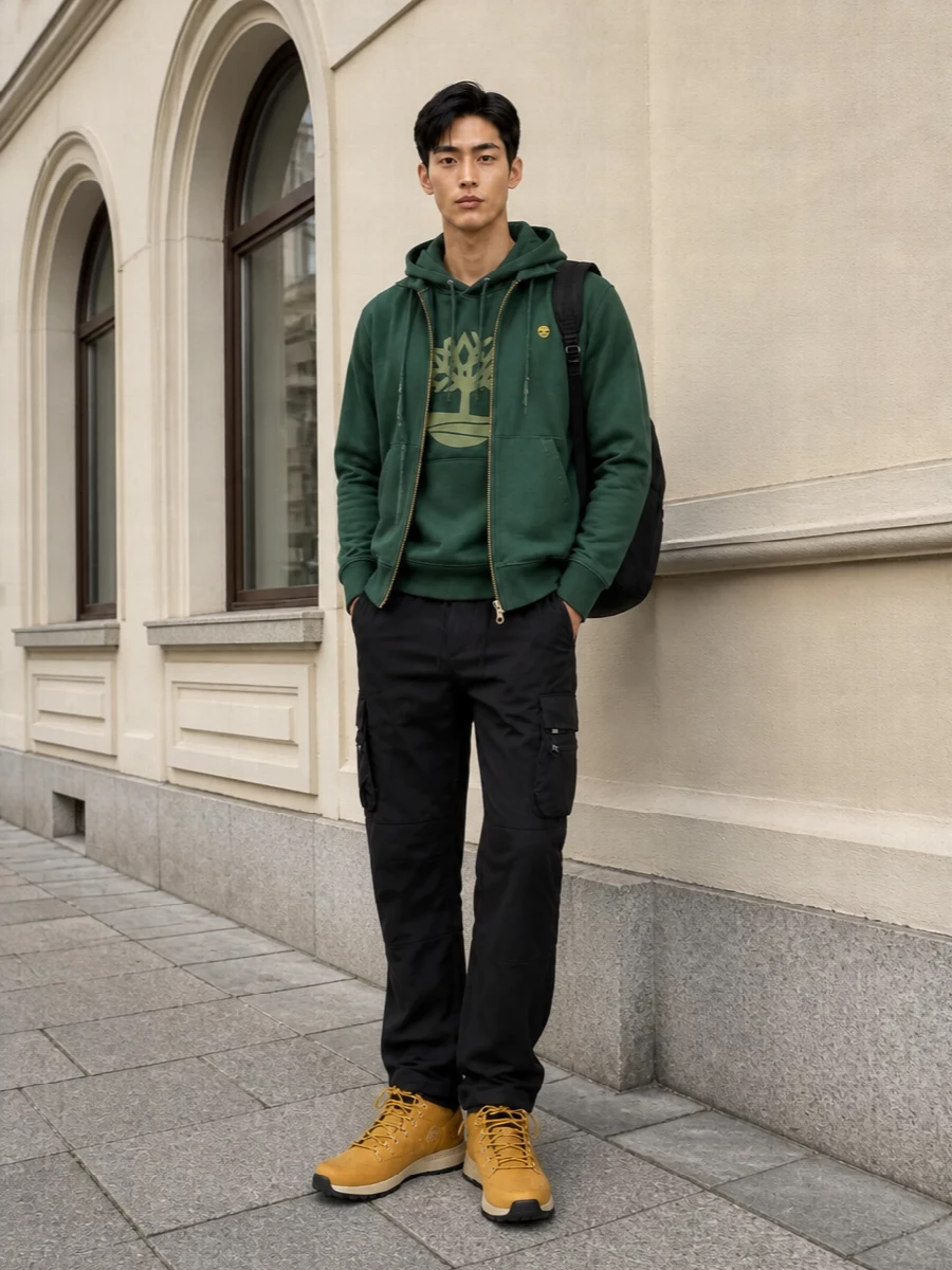 Timberland green hoodie black cargo outfit